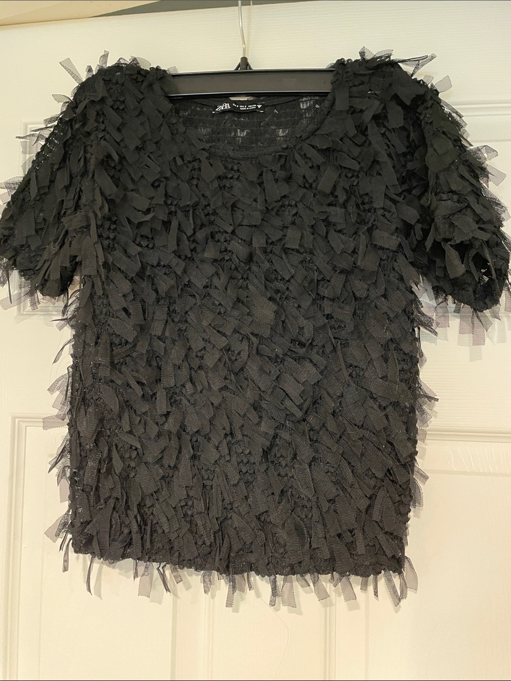Zara Women's Black Textured Fringe Short Sleeve Top